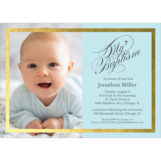 Blue Gold Foil Frame Photo Baptism Invitations